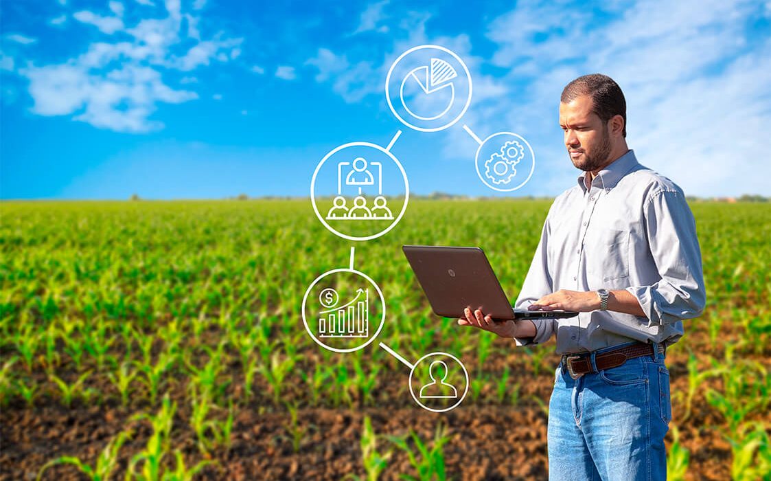 Imagem ilustrativa de um homem com um notebook em um campo de plantação